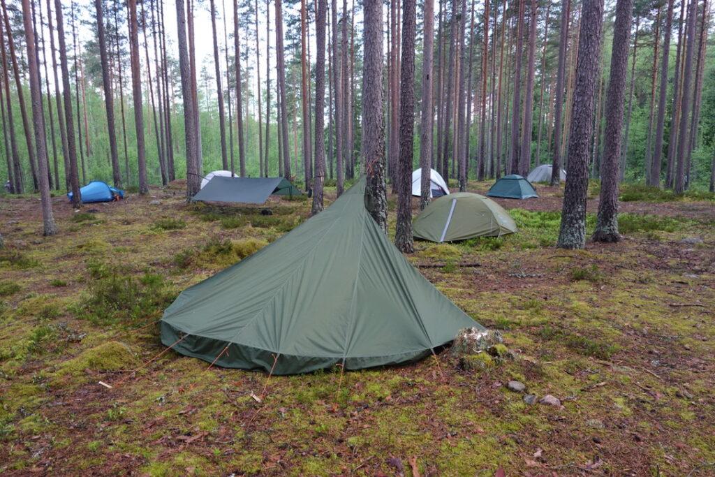 Kuvassa erilaisia majoitteita Liesjärven Tittilammen alueella kesällä 2021. Etualalla loue, joka on laavun tapainen suomalainen avomajoite, taustalla erilaisia telttoja (kupoli ja tunnelitelttoja) sekä riipumatto tarpin alla.